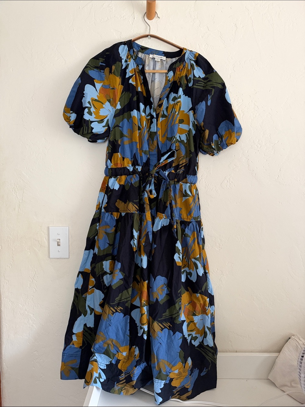 Floral Puff-Sleeve Midi Dress in Black with Blue & Mustard